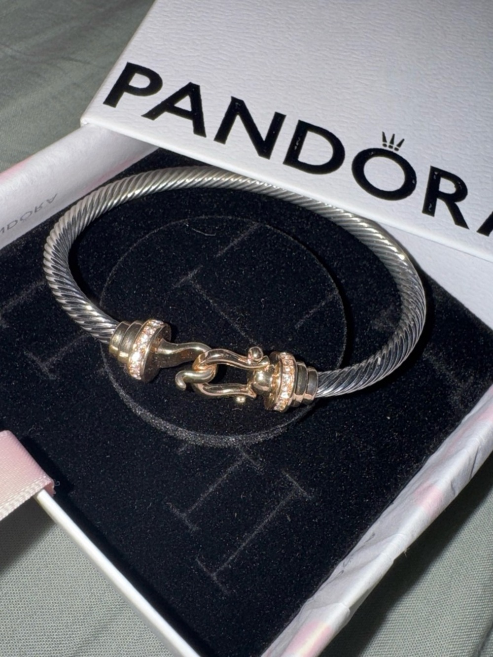 Pandora Two-Tone Cable Bangle Bracelet - Silver Cable with Gold Clasp